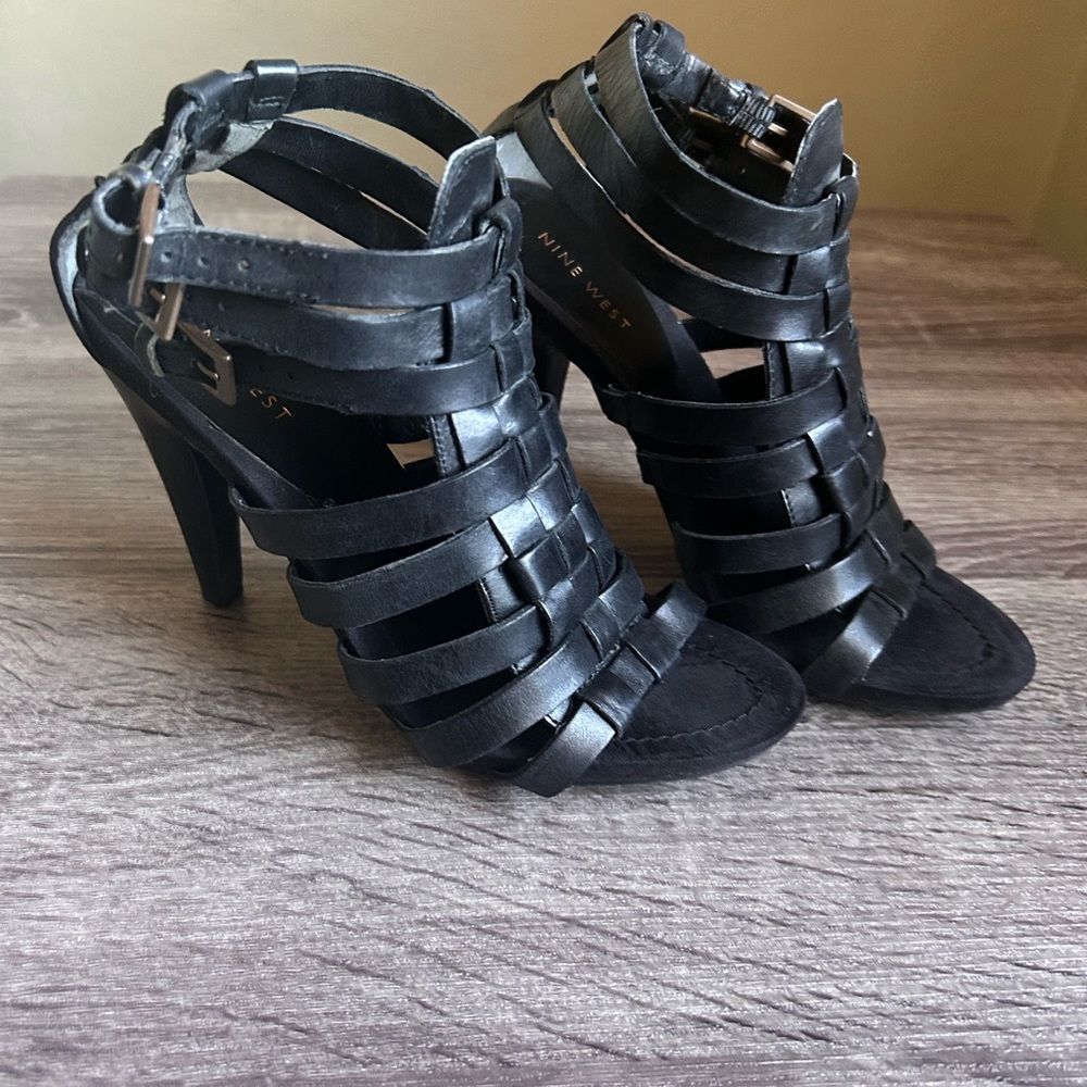 NINE WEST Black Leather Gladiator Heels, Size 7